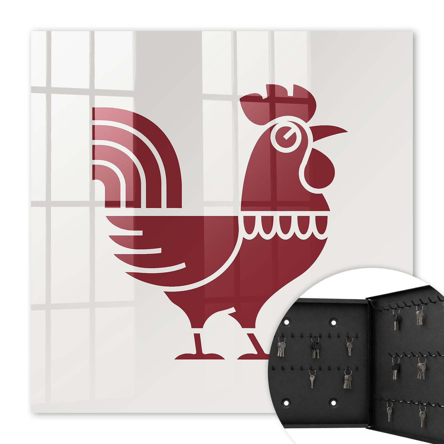 SCHLÜSSELBOX Schwarz 30x30 cm- Türöffnung nach rechts - Rooster Folk-Stil - Bordeaux, Metall (30/30/5cm) - TULUP