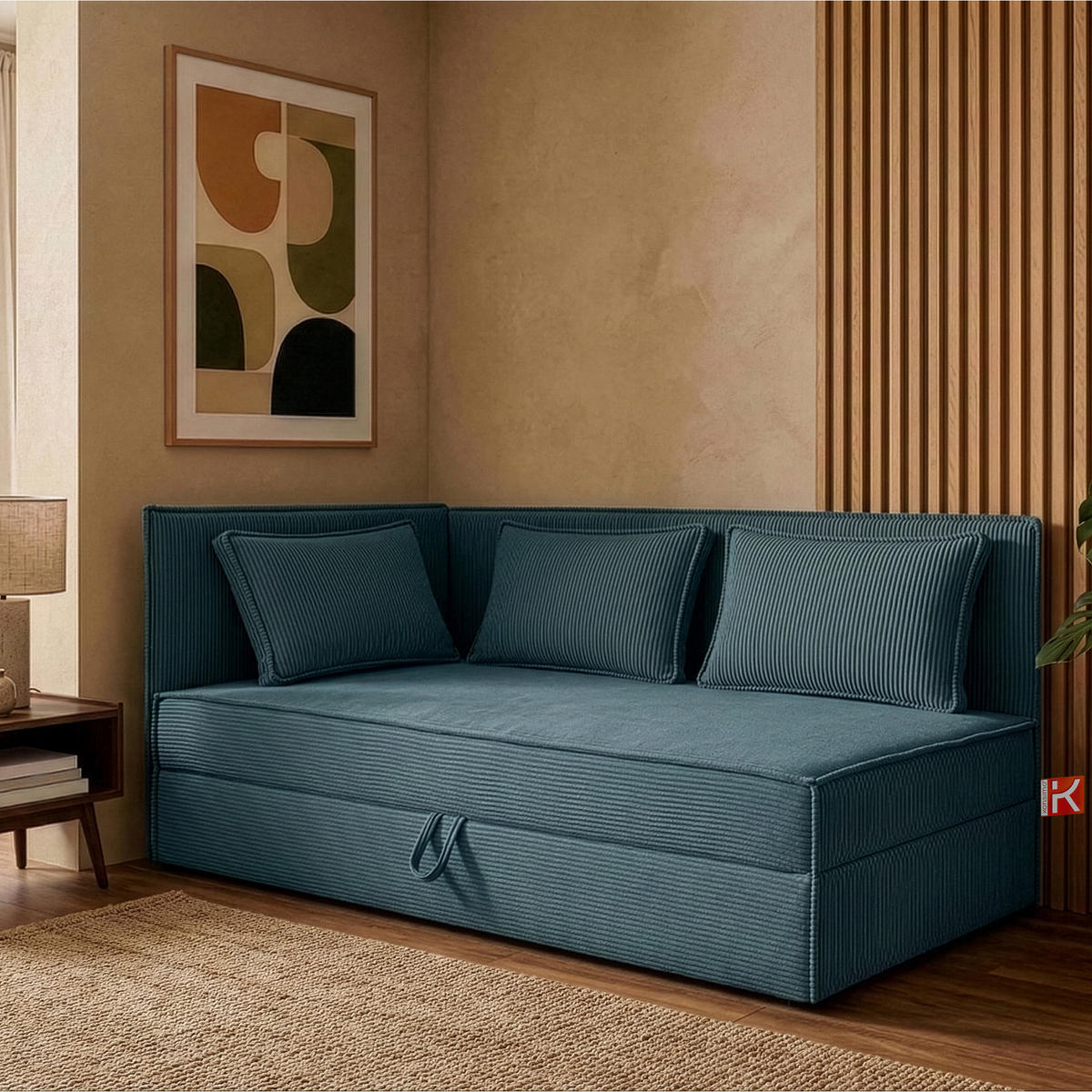 JUGENDBETT ROTI Einzelbett mit Bettkasten, 90x200cm, Bett mit Bonellmatratze, mit Rückenlehne - Blau/Schwarz, Holz/Holzwerkstoff (92/200cm) - KONSIMO®