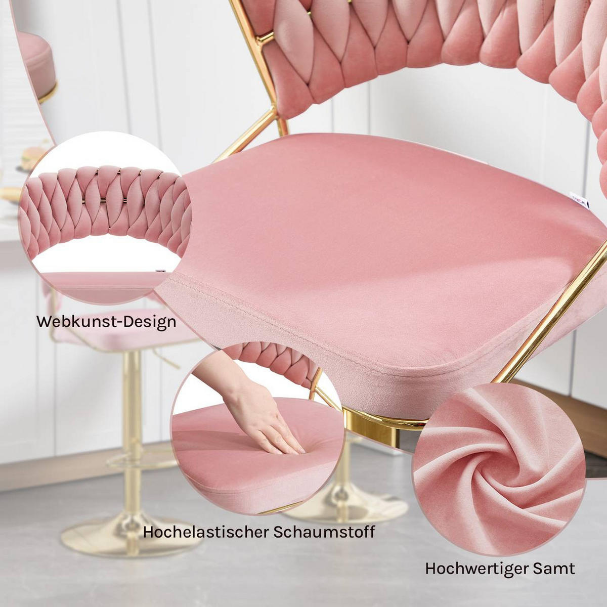 BARHOCKER 4er Set, mit geflochtener Rückenlehne, Samt, Rosa - Goldfarben/Rosa, Textil/Metall (48/83/46.5cm) - Woltu