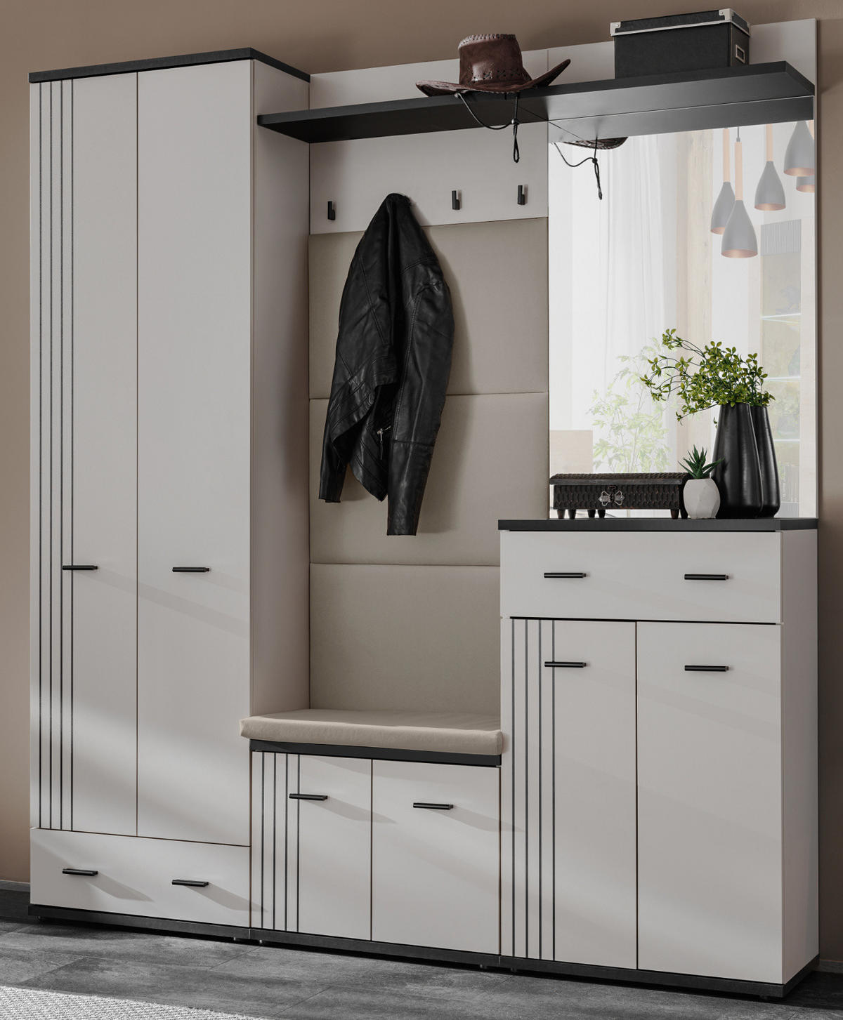 GARDEROBEN-SET Kaschmir, schwarz 5-teilig 180 cm, Flurgarderobe mit viel Stauraum - Kaschmir/Schwarz, Glas/Holzwerkstoff (180/203/32cm) - Inn.Furn