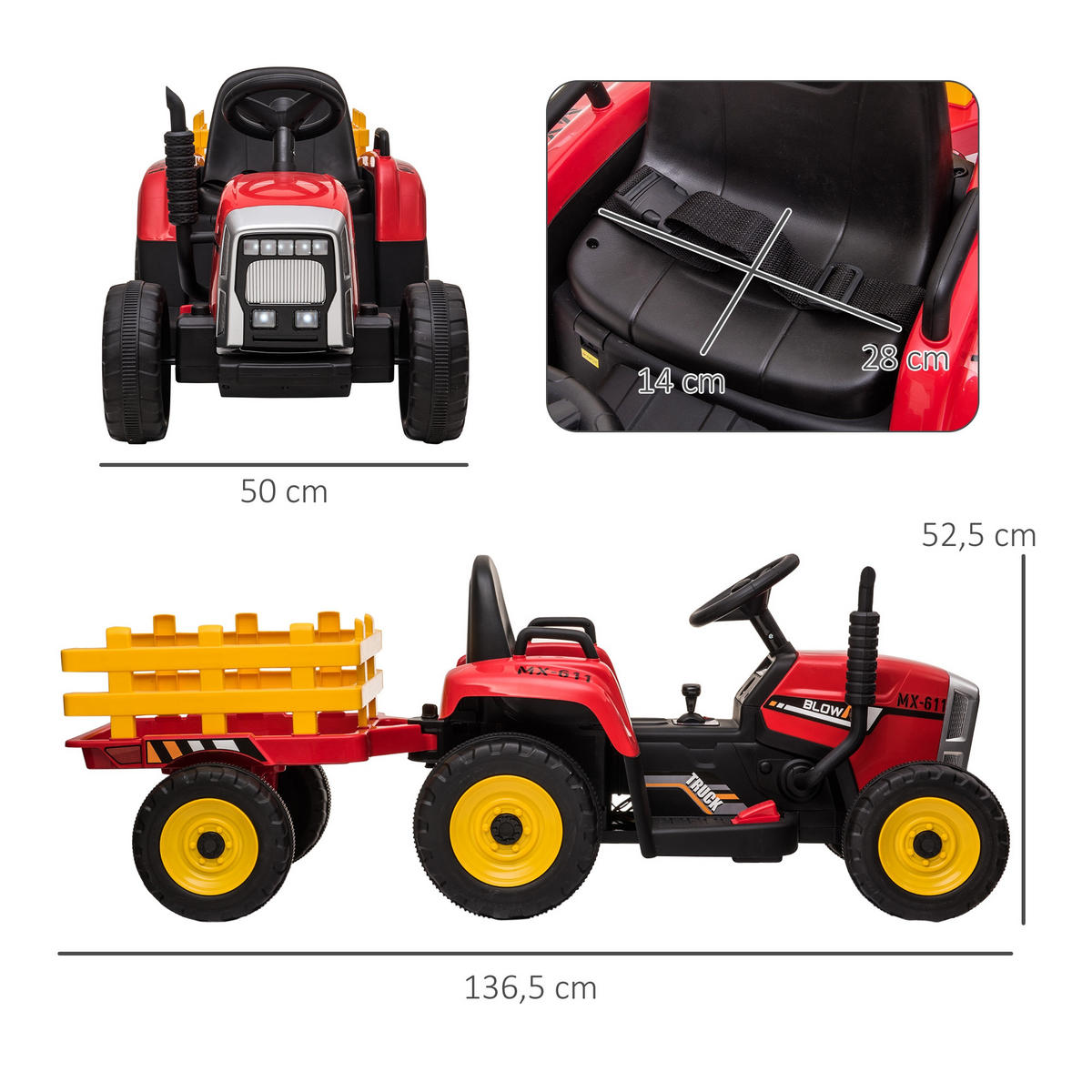 ELEKTRISCHER Traktor Kinder Aufsitztraktor mit MP3 Funktion, 3-6KM/H, Rot - Rot, Metall (136.5/50/52.5cm) - HOMCOM