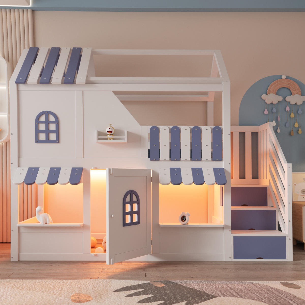 ETAGENBETT 90/200 cm Weiß Blau mit LED und Stauraum - Weiß, Holz (90/200cm) - MIVRAY