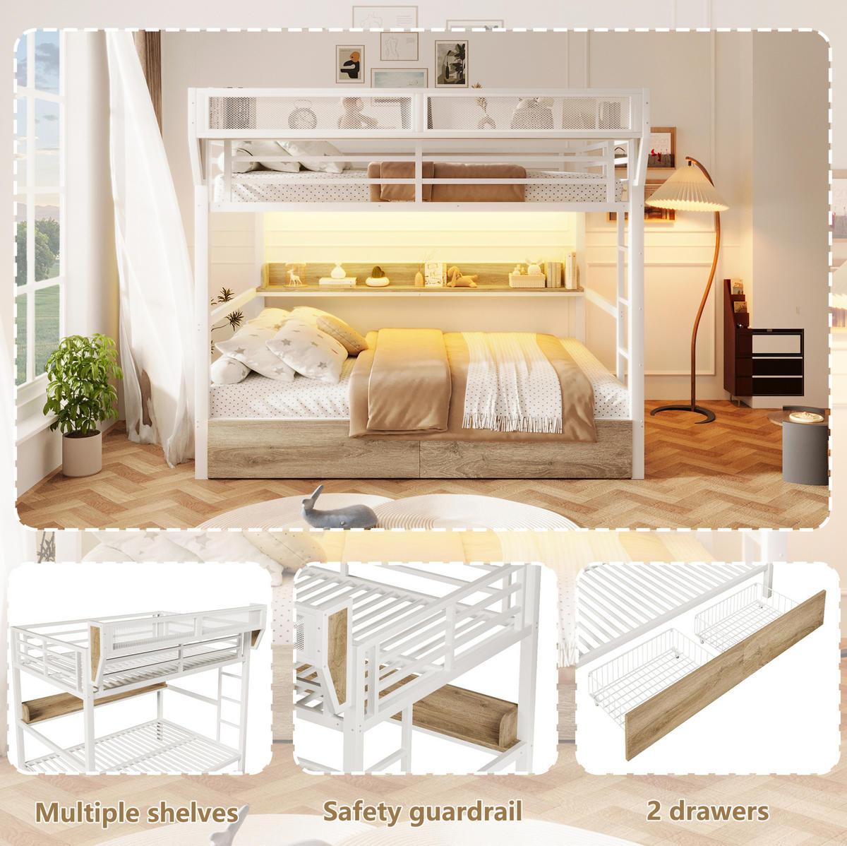 ETAGENBETT 140/200 cm aus Metall und MDF mit LED-Licht und Stauraum Weiß - Weiß, Holzwerkstoff (140/200cm) - Modenvie