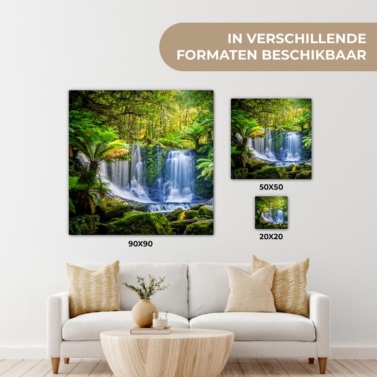 LEINWANDBILD Dschungel - Wasserfall - Australien - Pflanzen - Natur Wandbild Wohnzimmer 50x50 cm - Dunkelgrün, Textil (50/50cm) - MuchoWow