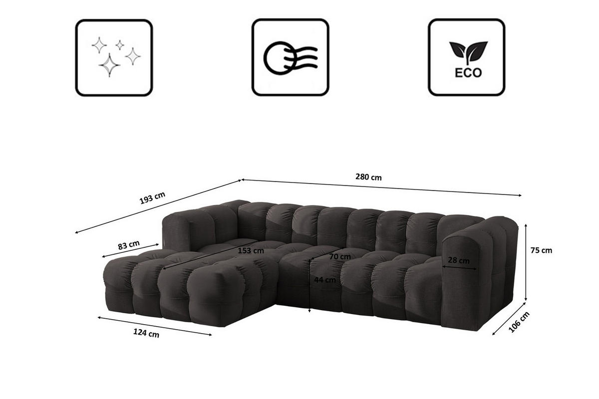 ECKSOFA L-form BALOO L, Chenille-Stoff Moly, Schwarz, Links - Schwarz, Holz (280/193cm) - Kaiser Möbel