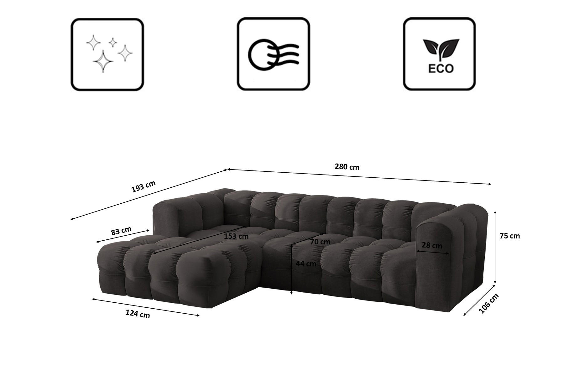 Thumbnail - Kaiser Möbel Ecksofa, Schwarz, Holz, L-Form, 280x193 cm, Wohnzimmer, Sofas & Couches, Wohnlandschaften, Ecksofas
