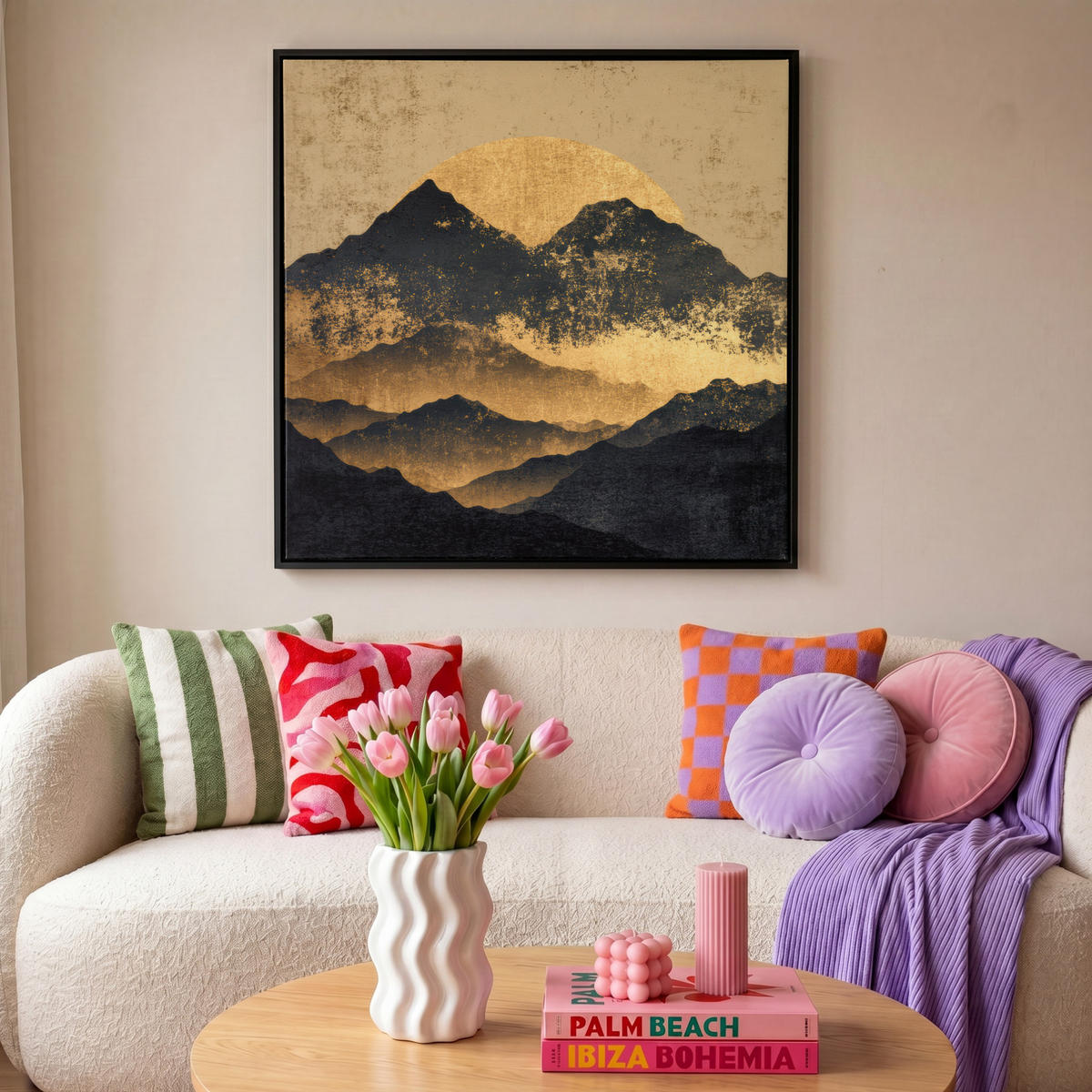 LEINWAND Bilder mit Rahmen - Goldene Berge bei Mondschein - 90x90 - Goldfarben, Textil (90/90cm) - MuchoWow