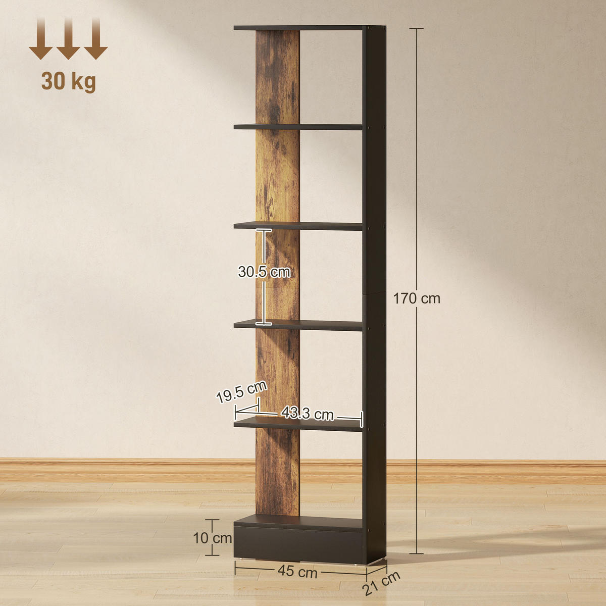 BÜCHERREGAL,5-STÖCKIG 45x21x170cm,braun-schwarz - Braun, Holzwerkstoff (45/170/21cm) - Vallsero