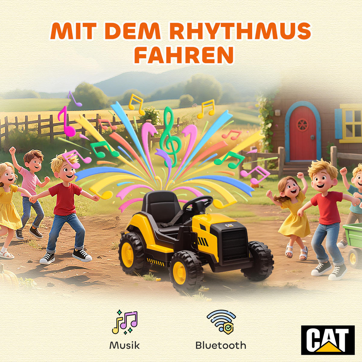 ELEKTRISCHER Traktor Offiziell CAT-lizenziert 12 V Aufsitztraktor mit Musik - Gelb, Kunststoff (100/63/56cm) - AIYAPLAY