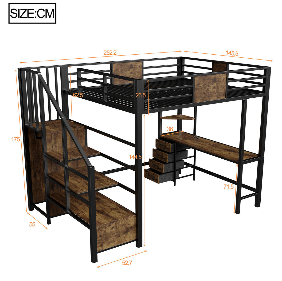HOCHBETT 140x200 cm in Schwarz mit Schreibtisch, LED-Beleuchtung und Stauraum - Schwarz, Metall (140/200cm) - IVMEU