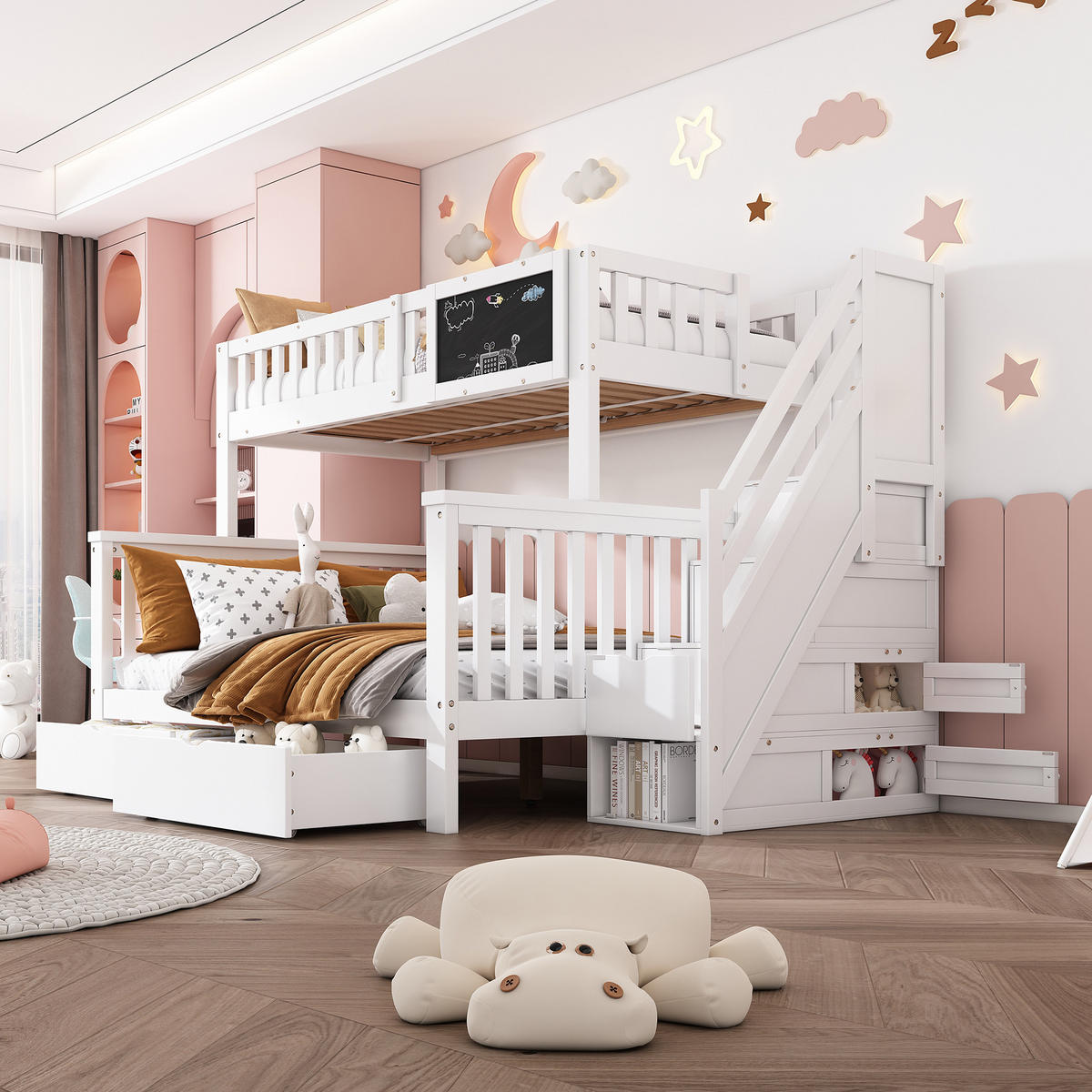 KINDER-ETAGENBETT 90x200+140x200 Tafel Schubladen Weiß - Weiß, Holzwerkstoff (140/200cm) - FLIEKS