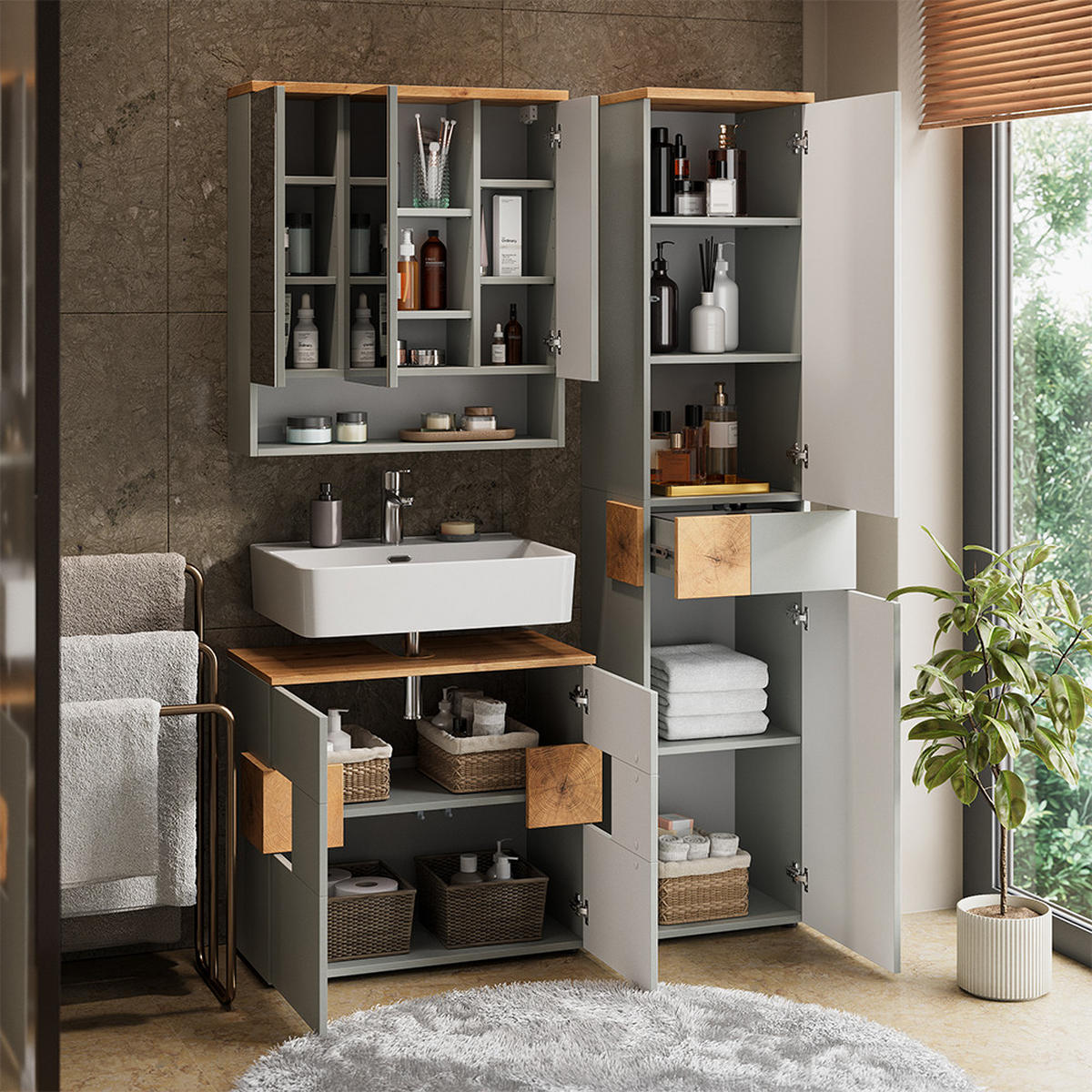 BADMÖBEL-SET Eden Grau 3 Teile - Hellgrau/Grau, Holzwerkstoff (73/64/37cm) - Vicco