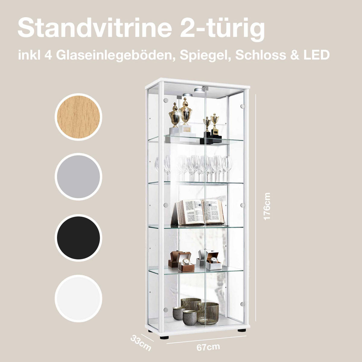 GLASVITRINE 33/67/176 cm mit Spiegel, LED, Schloss & 4 höhenverstellbaren Glasböden - Transparent/Silberfarben, Glas/Holzwerkstoff (67/176/33cm) - K-Möbel