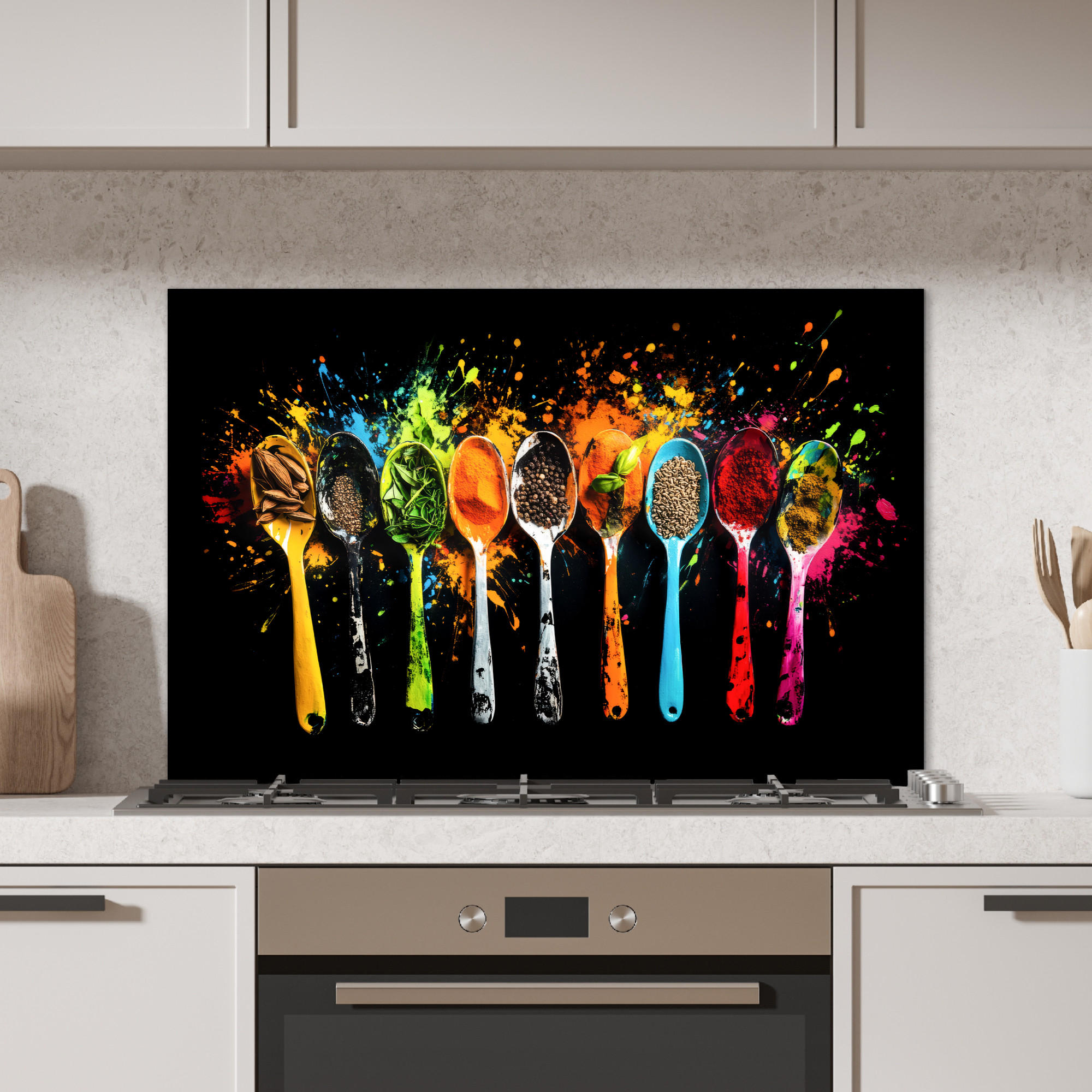 SPRITZSCHUTZ KÜCHE Löffel - Gewürze - Modern - Graffiti - Farbe - Farbenfroh 80x55 cm - Multicolor, Metall (80/0.3/55cm) - MuchoWow