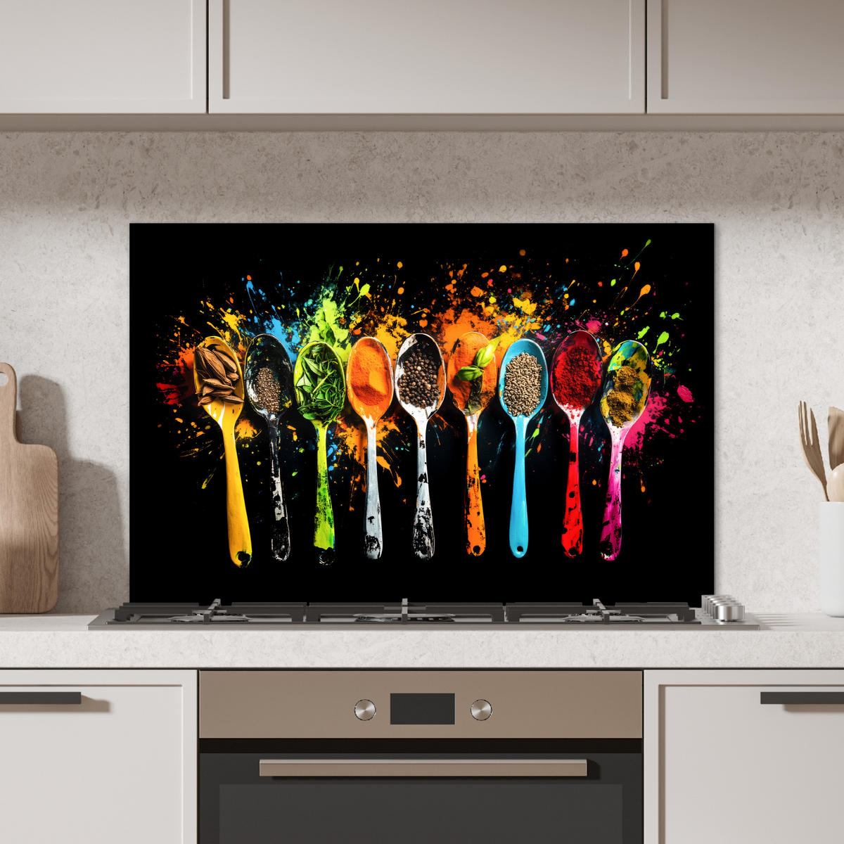 SPRITZSCHUTZ KÜCHE Löffel - Gewürze - Modern - Graffiti - Farbe - Farbenfroh 80x55 cm - Multicolor, Metall (80/0.3/55cm) - MuchoWow