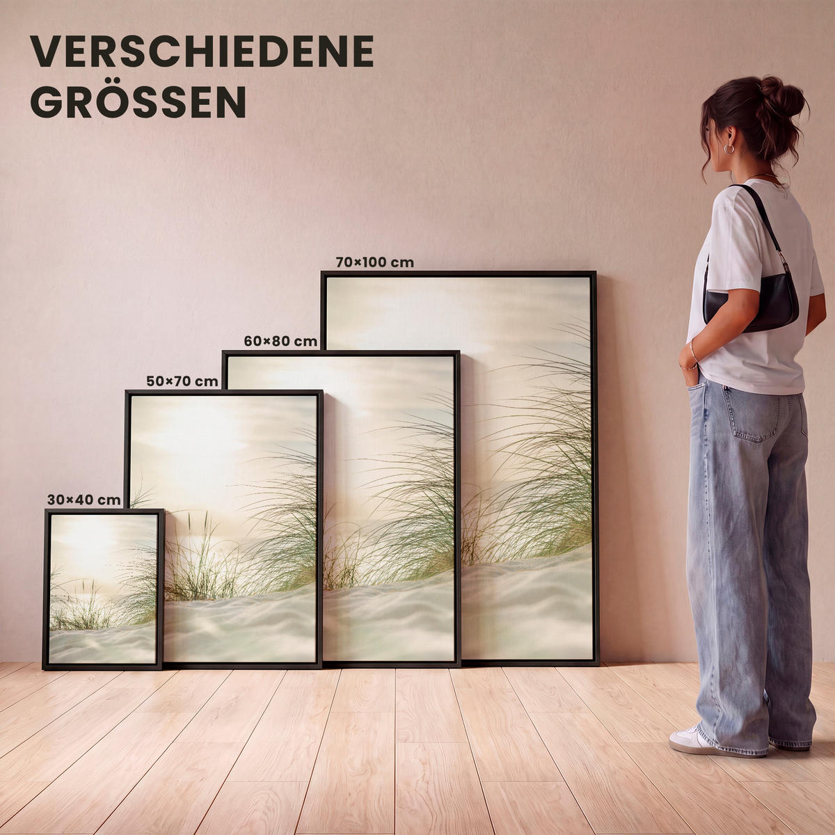 LEINWAND Bilder mit Rahmen - Dünen mit Strandhafer in der Sonne des Nationalparks Schleswig-Holsteinisches Wattenmeer - 60x80 - Creme, Textil (60/80cm) - MuchoWow