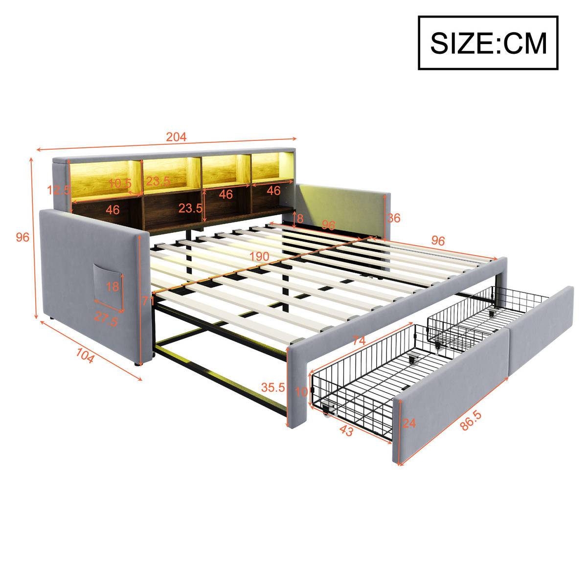 POLSTERBETT 90/190 cm Hellgrau aus Samt mit Stauraum LED-Beleuchtung und Ladeanschlüssen - Hellgrau, Textil (90/190cm) - OKWISH