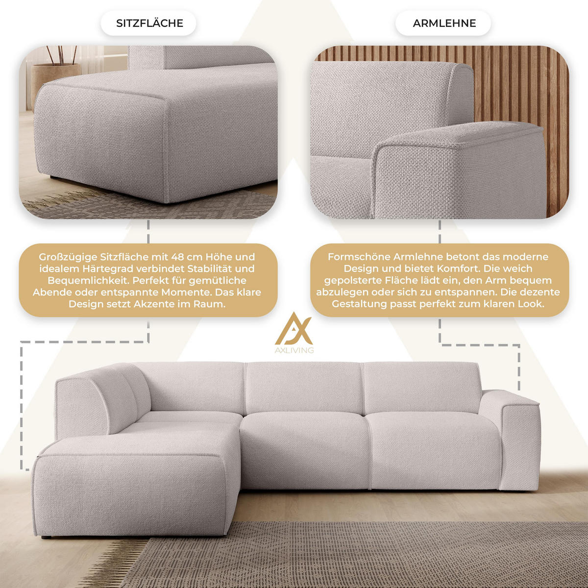 ECKSOFA L Form Didim Taupe 292/220/78 cm – großes Sofa stilvoll & bequem L - Taupe/Schwarz, Kunststoff/Textil (220/292cm) - AX Living