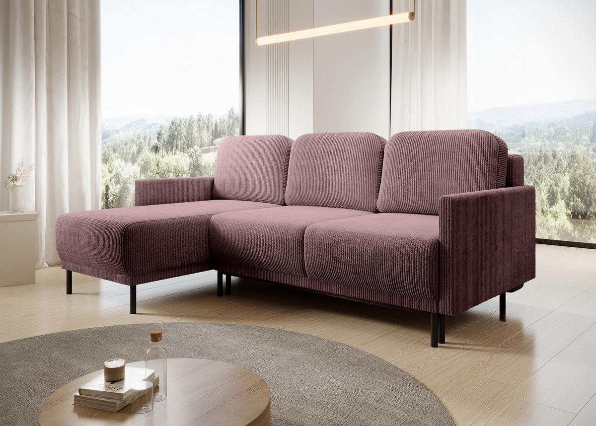 ECKSOFA Hamiel Lila Cordbezug - Flieder/Schwarz, Holz/Textil (212/142cm) - Selsey