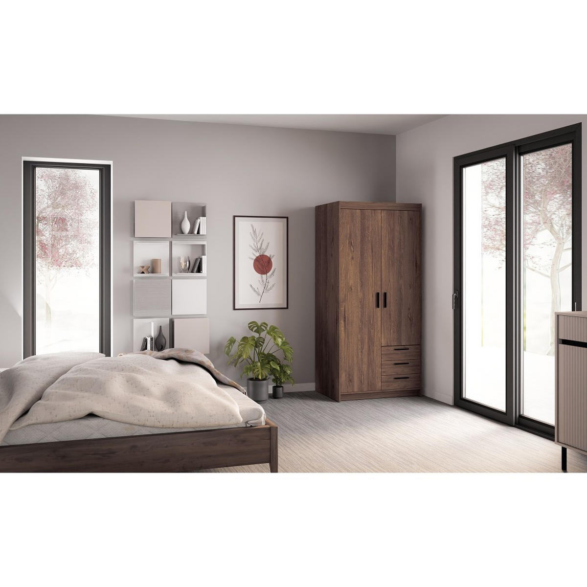 DREHTÜRENSCHRANK Elena mit 2 Türen und 3 Schubladen, mit Spiegel Eiche Lefkas - Eichefarben, Holzwerkstoff (90/190/53cm) - Beautysofa