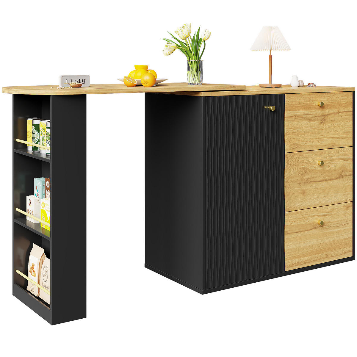 BARTISCH 138-204/39/104 cm in Schwarz mit Stauraum und drehbarer Ausziehfunktion - Schwarz, Holzwerkstoff (39/204/104cm) - BEAOK