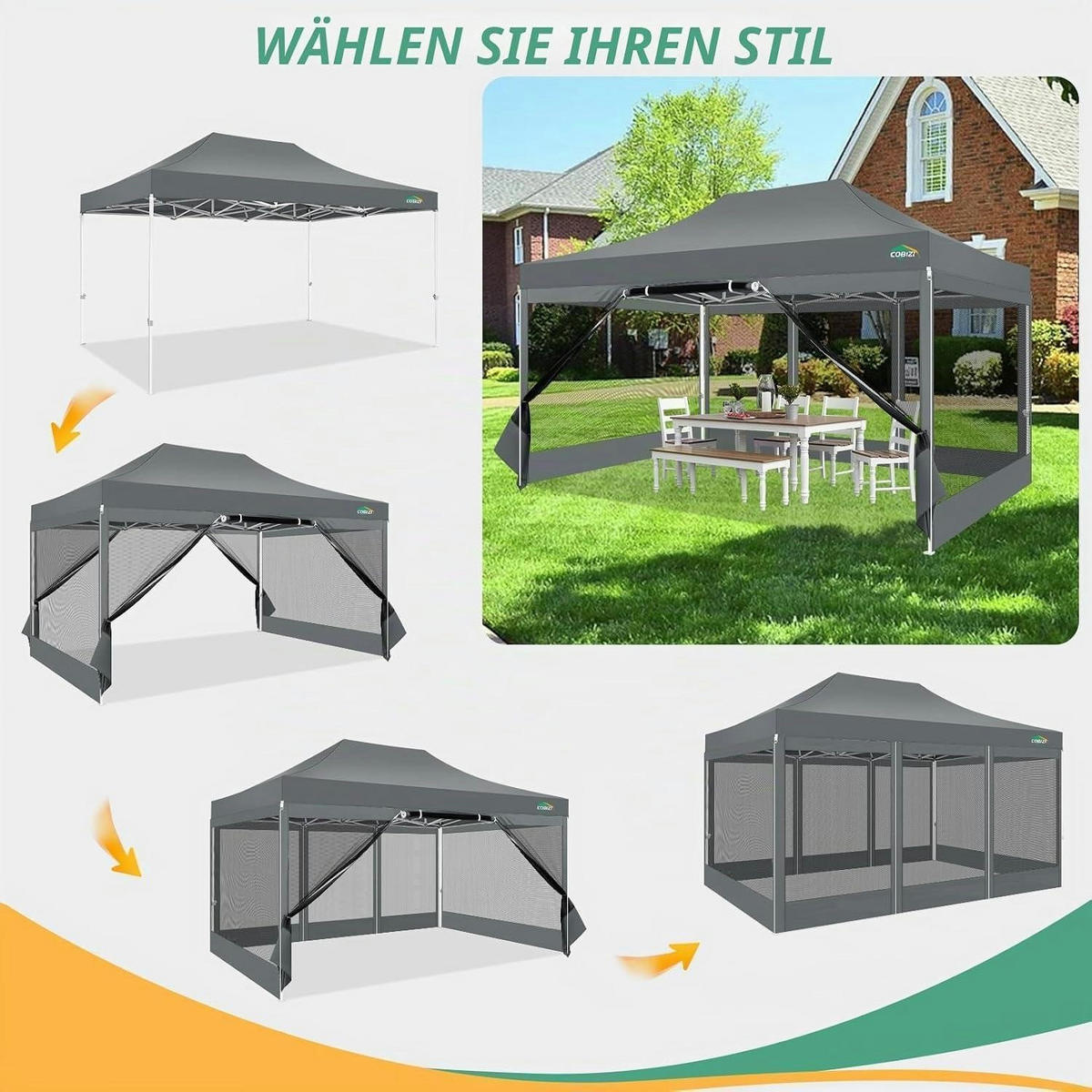 FALTPAVILLON 3 x 4.5 m Grau Wasserdicht mit 4 Netzseitenwänden - Grau, Textil (300/336/450cm)