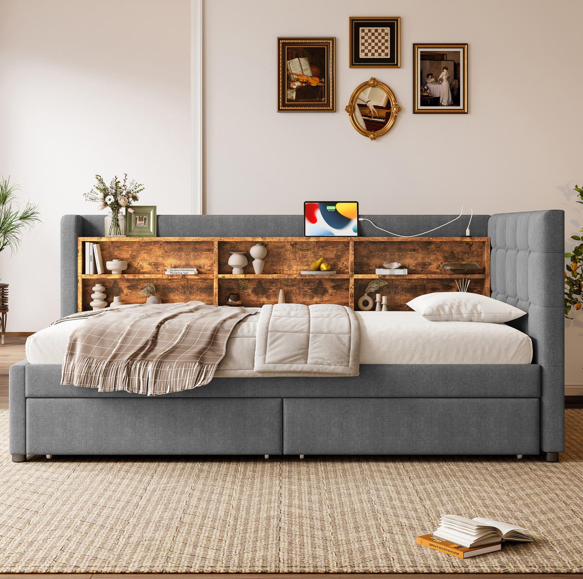 POLSTERBETT aus Leinen 90x200 cm in Grau mit 2 Schubladen & USB-C - Grau, Textil (90/200cm) - Modfu
