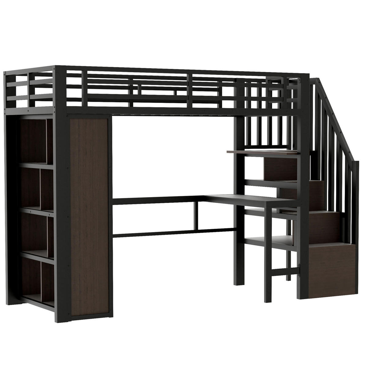 HOCHBETT 90/200 cm aus Metall/MDF mit Schreibtisch, Stauraumtreppe und LED-Lichtleiste Schwarz - Schwarz, Metall (90/200cm) - Modenvie