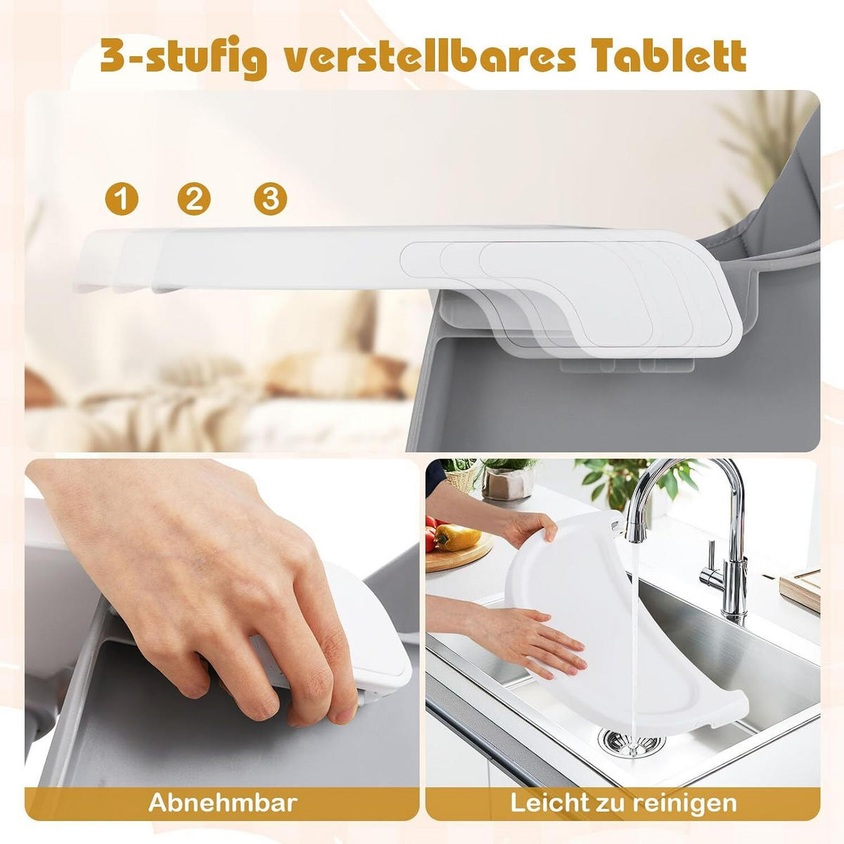 BABYHOCHSTUHL mit abnehmbarem Tablett grau - Grau, Kunststoff (60/93/60cm) - COSTWAY