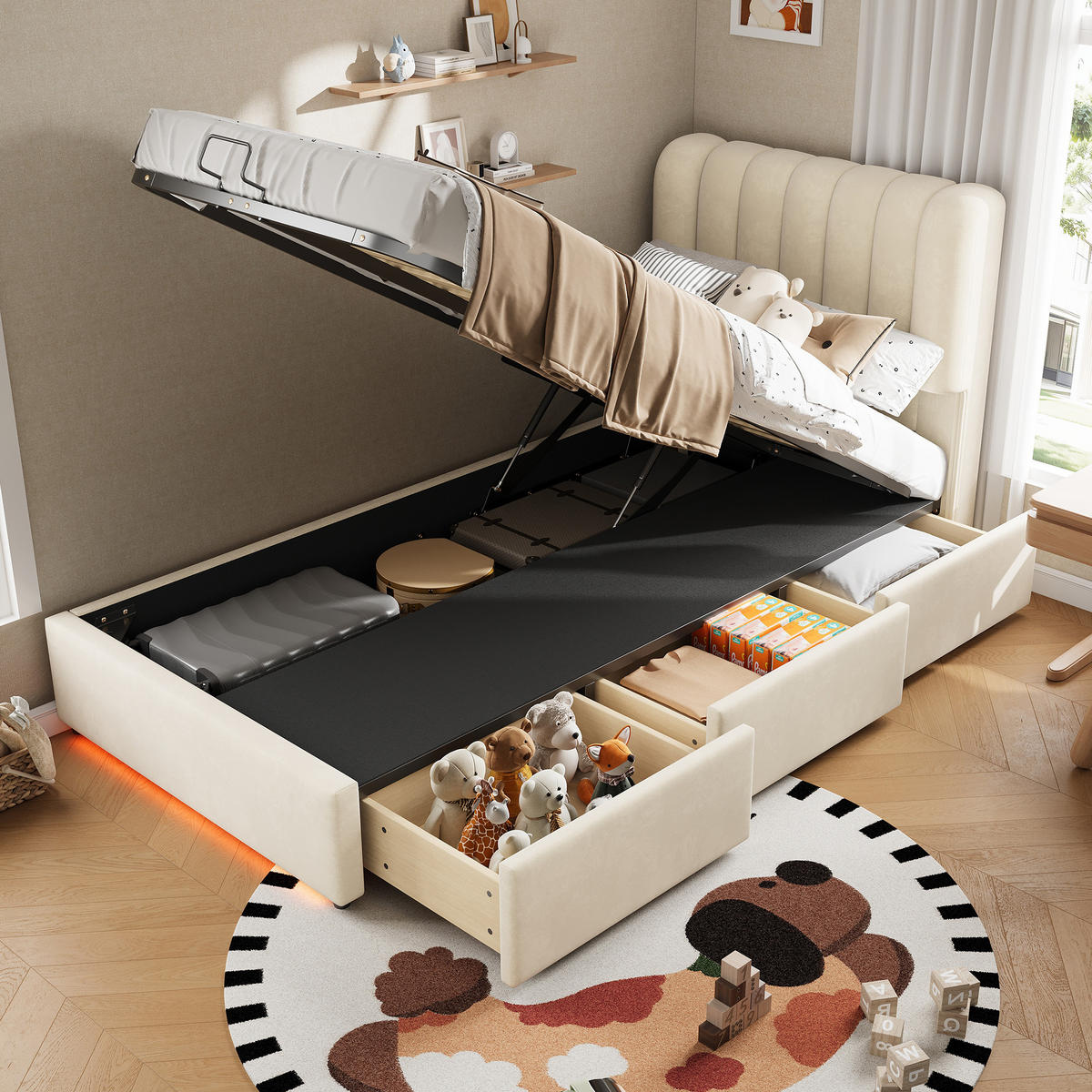 STAURAUMBETT 90/200 cm DE-32718 mit mit hydraulischem Stauraum und LED Beige - Beige, Holzwerkstoff (90/200cm) - ComfortXL