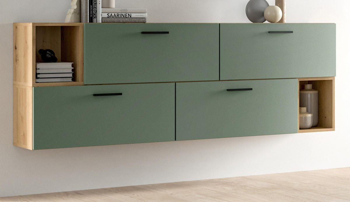SIDEBOARD grün, Eiche Artisan 176 cm, Kommode hängend / stehend - Schwarz/Eiche Artisan, Holzwerkstoff/Kunststoff (176/65/34cm) - Inn.Furn