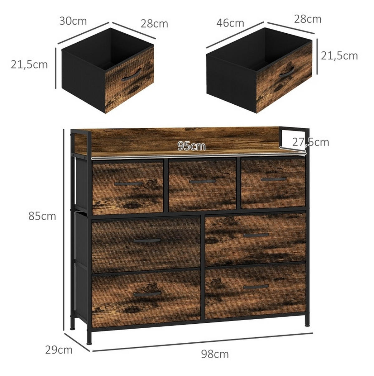 KOMMODE 98/85/29 cm Braun aus Polyester mit 7 Schubladen - Braun, Holzwerkstoff (29/85/98cm) - OKMYHOME