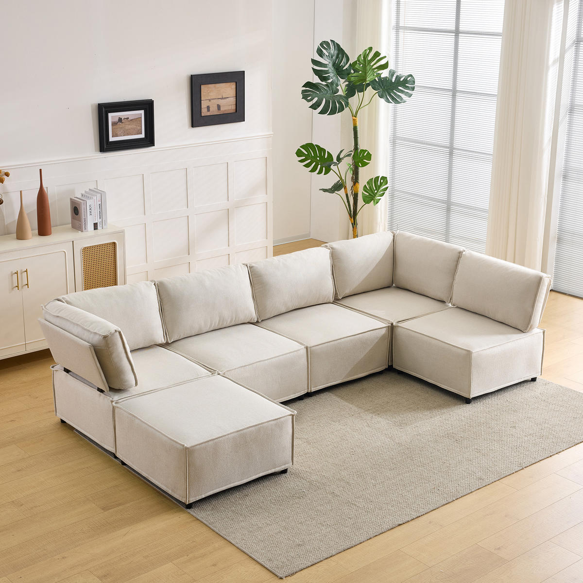 WOHNLANDSCHAFT Leinen Beige Frei kombinierbar - Beige, Holzwerkstoff/Textil (308/77/152cm) - WISHDOR