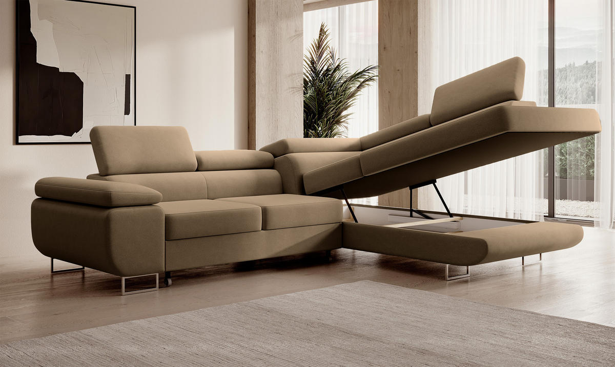 ECKSOFA Stevil Beige Velours - Beige/Silberfarben, Textil/Metall (275/203cm) - Selsey