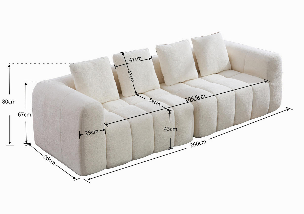 3-SITZER Sofa aus Stoff 260x94,5x80 cm Beige modular, montagefrei mit tiefer Sitzfläche und Armlehnen - Beige, Textil (260/70/95.5cm) - Modfu