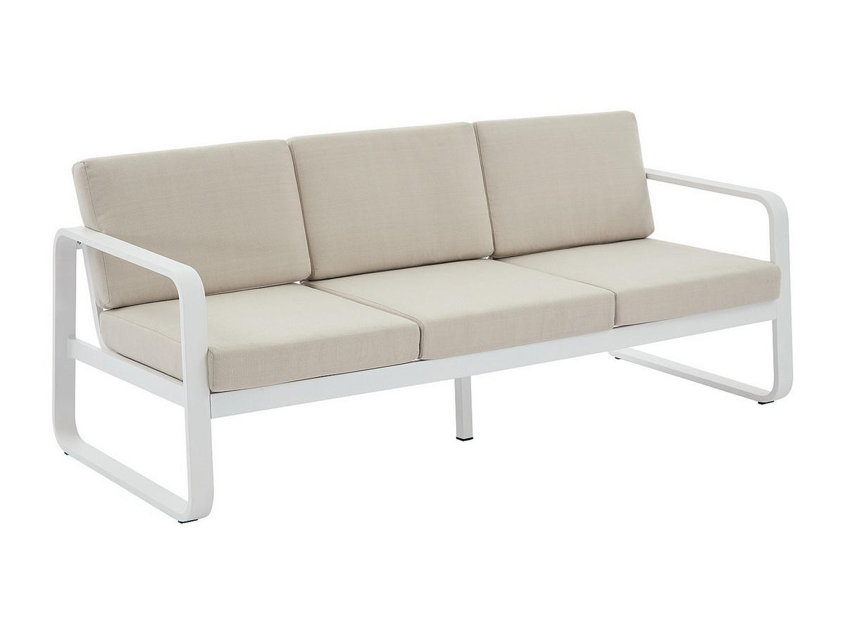 GARTENLOUNGE aus Aluminium: 1 Dreisitzer-Sofa und 1 Couchtisch – Weiß mit beigen Kissen – LOMIA von MYLIA - Beige/Weiß, Metall - Vente-Unique
