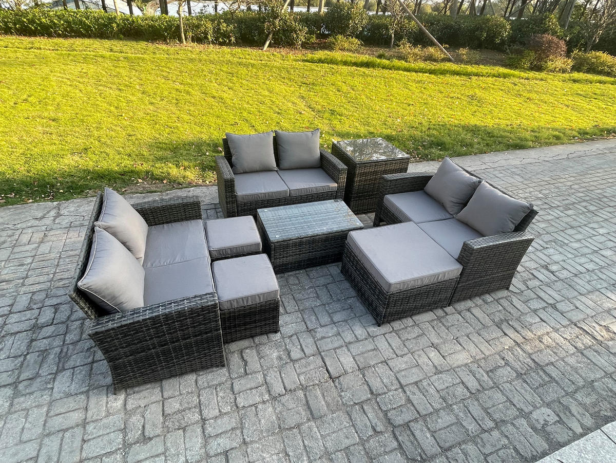 GARTENSOFA Hohe Rückenlehne Polyrattan Dunkelgrau 9-Sitzer - Dunkelgrau, Metall - Fimous