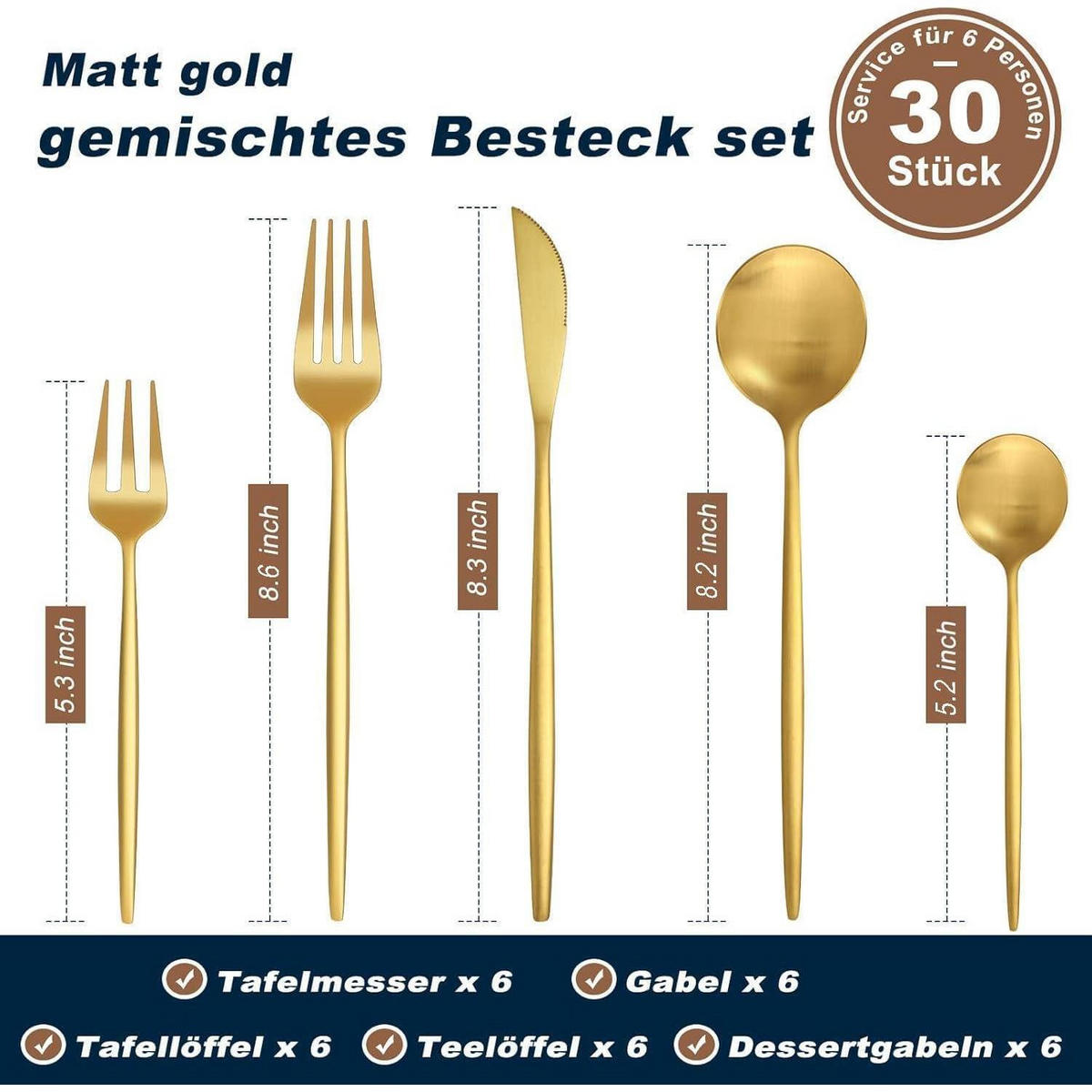 BESTECKSET 30-teilig Gold Matt Edelstahl für 6 Personen - Goldfarben, Metall