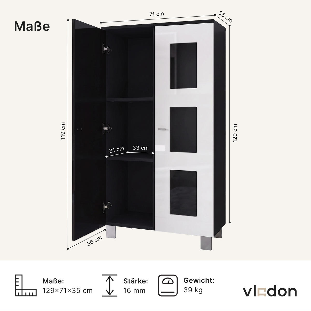 VITRINE Denjo Tür in Bordeaux Hochglanz - Bordeaux, Holzwerkstoff (71/129/35cm) - Vladon
