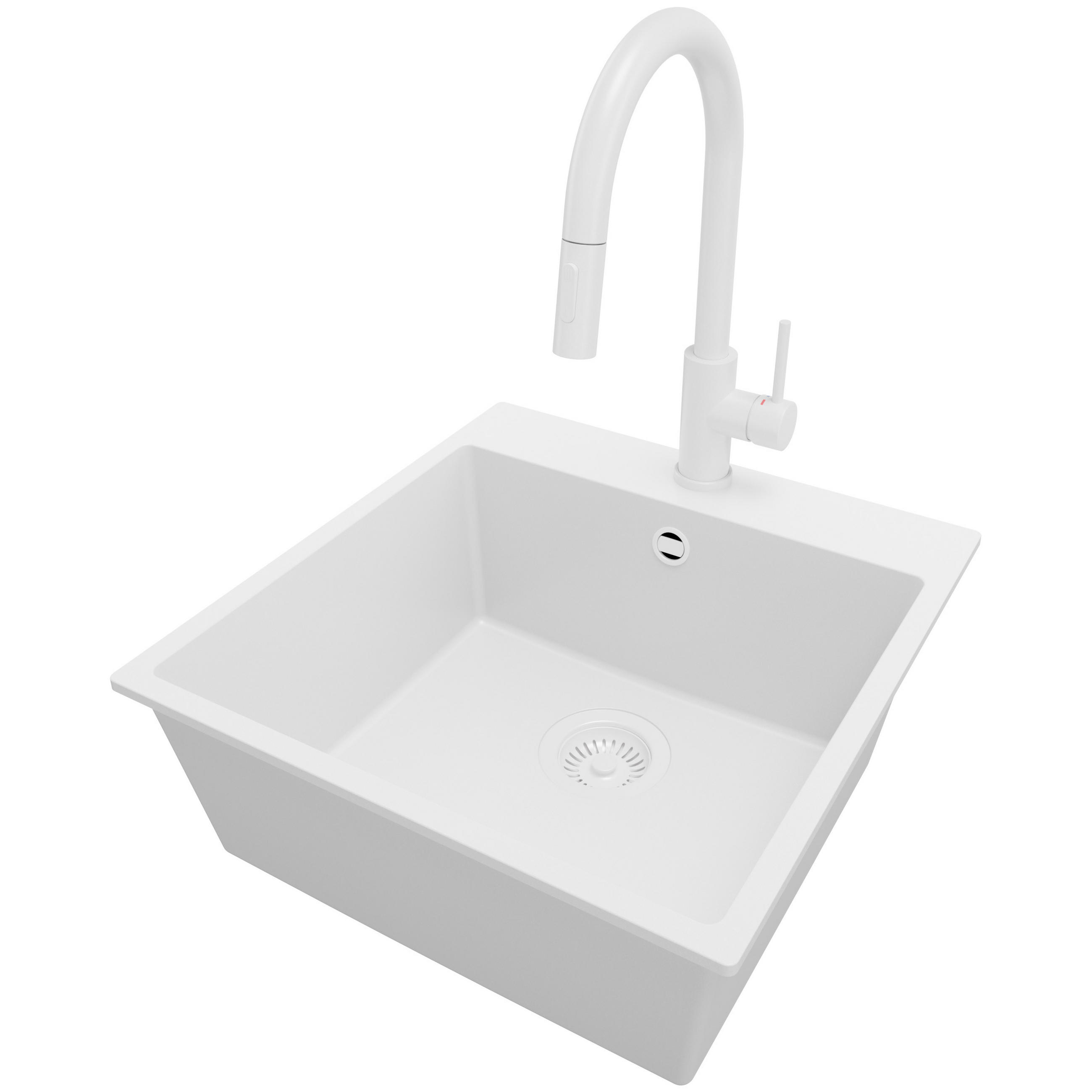 GRANITSPÜLE Riga, 2-er set Alles Weiß 48/50 cm 1 Becken + Küchenarmatur 40/20 cm + Ablauf-Set ab 50er Unterschrank - Weiß, Kunststoff (48/20/50cm) - Primagran