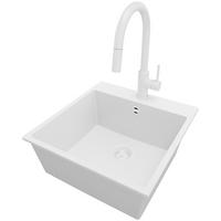 GRANITSPÜLE Riga, 2-er set Alles Weiß 48/50 cm 1 Becken + Küchenarmatur 40/20 cm + Ablauf-Set ab 50er Unterschrank - Weiß, Kunststoff (48/20/50cm) - Primagran