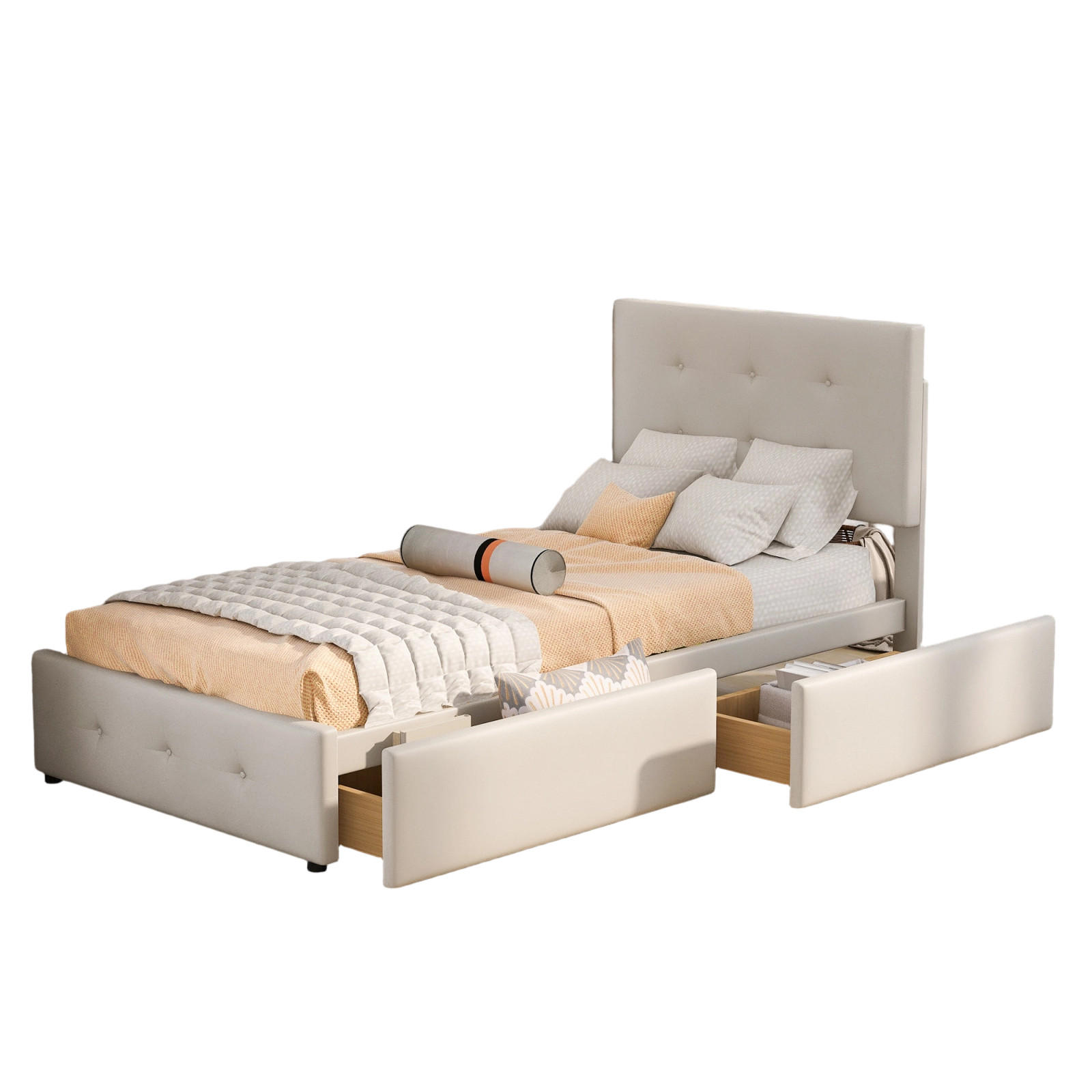 SAMMETSSÄNGRAM 90x200 enkelsäng med förvaringslåda, beige - Cremefärgad, Trä - SHOPENTRA