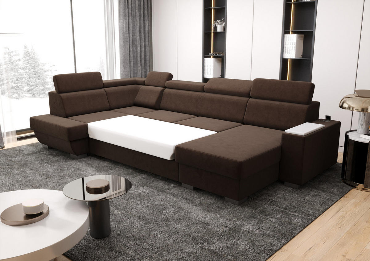 WOHNLANDSCHAFT KONGO RBN20, Eckcouch in U-Form mit Schlaffunktion, Farbe: Gelb, Velourstoff, Ottomane Rechts - Gelb, Textil (340/103/200cm) - O-Sofa