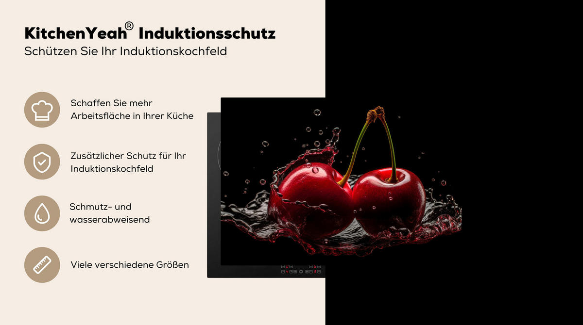 HERDABDECKPLATTE Kirsche - Rot - Frucht - Wasser - Schwarz 75x52 cm - Kirschrot, Kunststoff (75/0.2/52cm) - MuchoWow