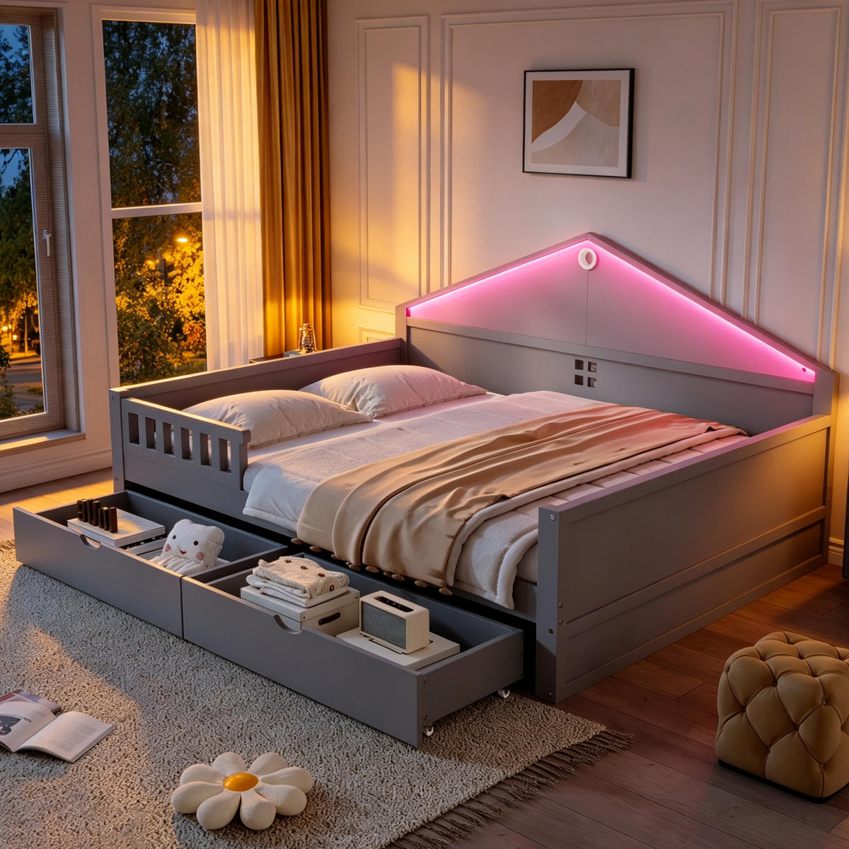 BETT 140/200 cm in Grau aus Massivholz und MDF mit Schubladen und LED - Grau, Holz/Holzwerkstoff (140/200cm) - WISHDOR