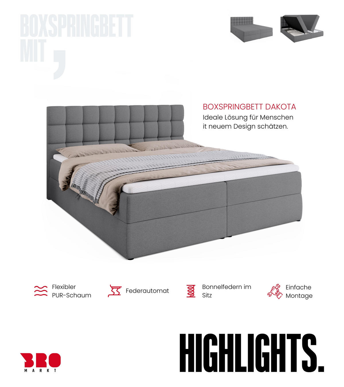 BOXBETT Dakota mit Topper 180/200 Hellgrau - Hellgrau, Textil (180/200cm) - Bromarkt