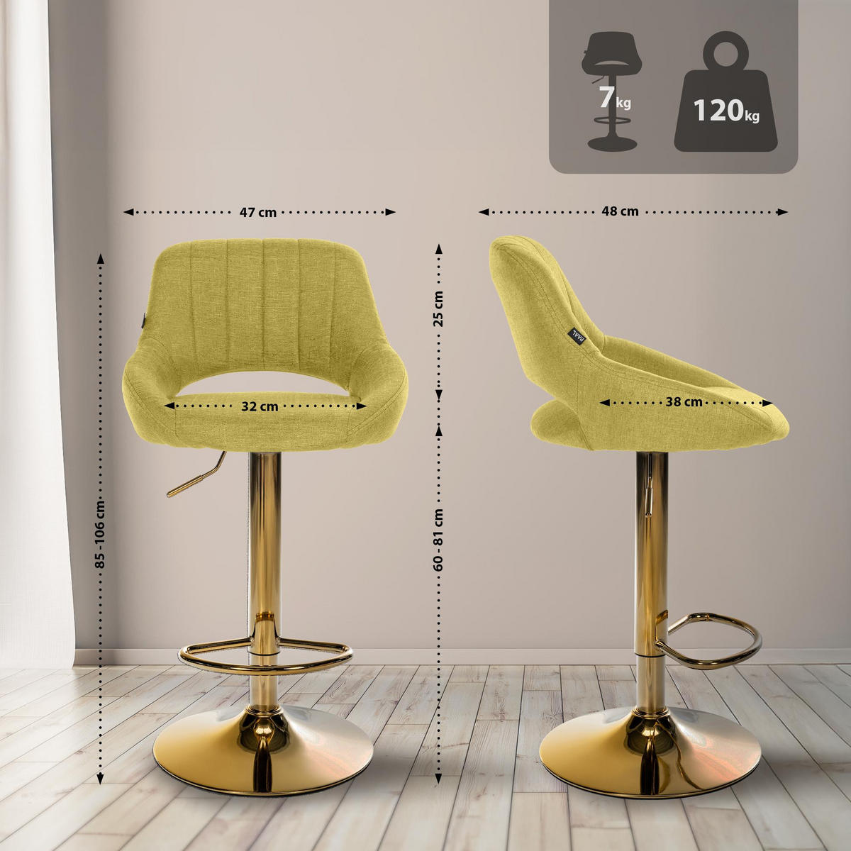 BARHOCKER Stoff Grün - Goldfarben/Grün, Textil/Metall (47/85/48cm) - CLP