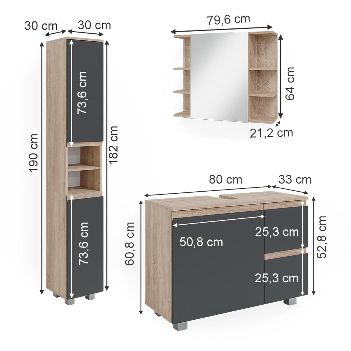 BADMÖBEL-SET J-Shape Sonoma 3 Teile, mit Hochschrank - Anthrazit/Sonoma Eiche, Holzwerkstoff (80/60/33cm) - Vicco
