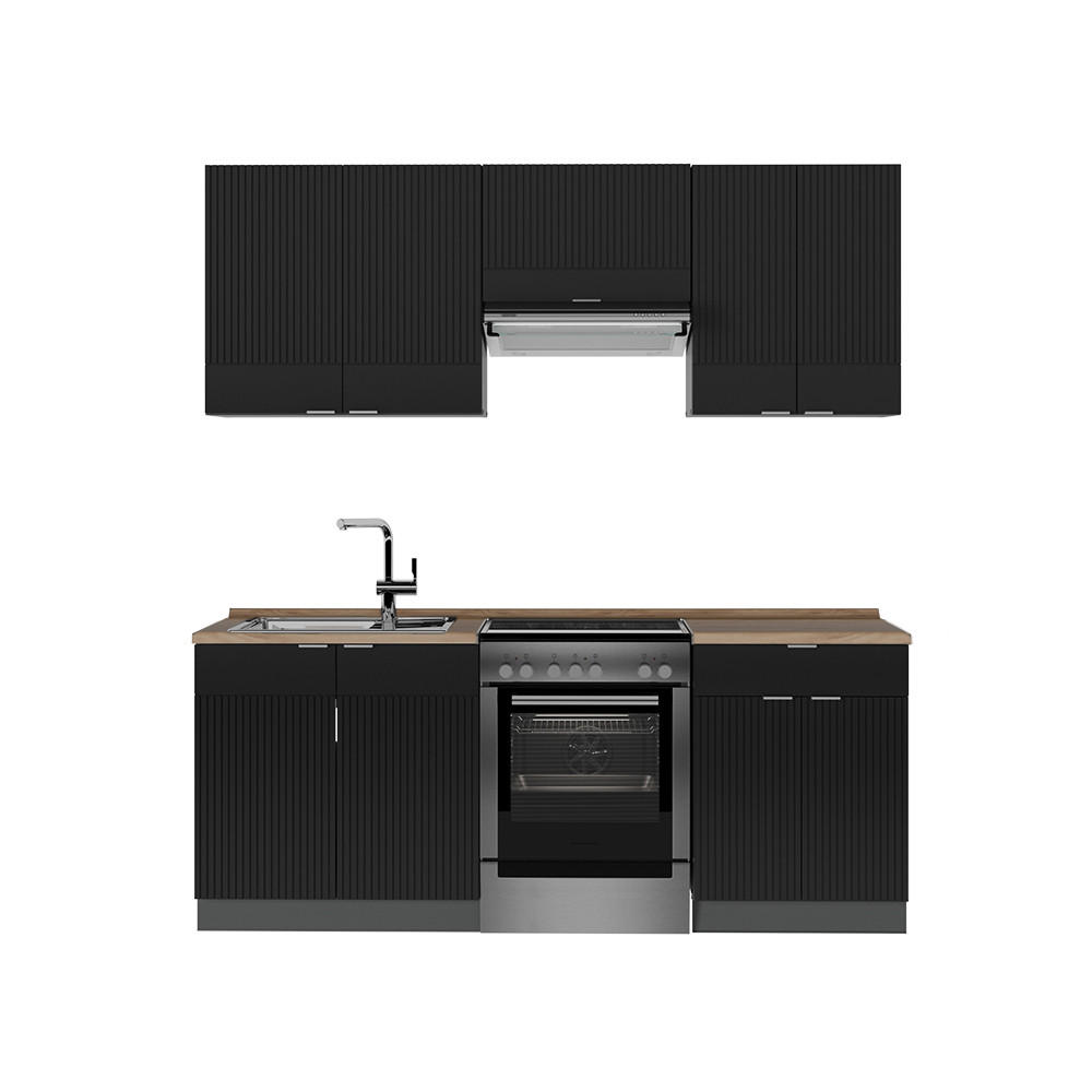 KÜCHENZEILE Fame-Line, Schwarz gestreift/Anthrazit, 200 cm, AP Eiche - Anthrazit/Schwarz, Holzwerkstoff (200/81.6/60cm) - Vicco