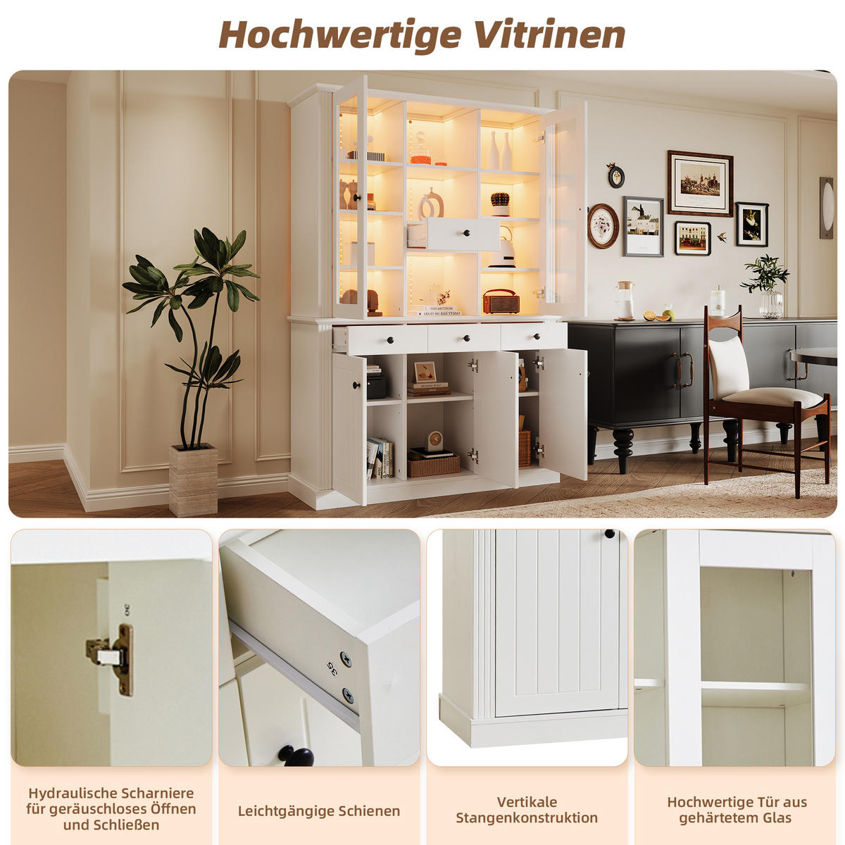 VITRINE 119,5x40x180 cm Weiß mit LED und 4 Schubladen - Weiß, Holzwerkstoff (119.5/180/40cm) - FLIEKS
